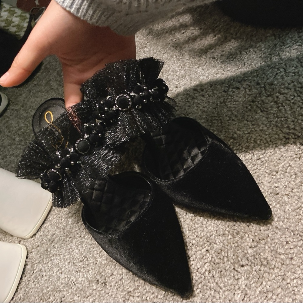 Sam Edelman Black Heels with Beaded and Tulle Detail